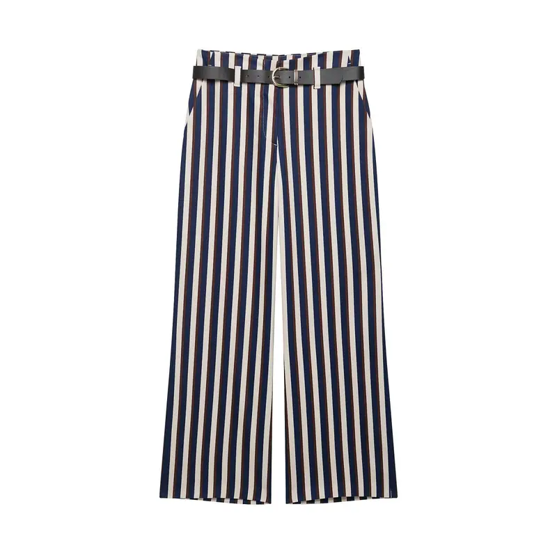 Damen Weite High‑Waist Culotte‑Hose mit verticalem Streifenmuster und Ziergürtel Drune