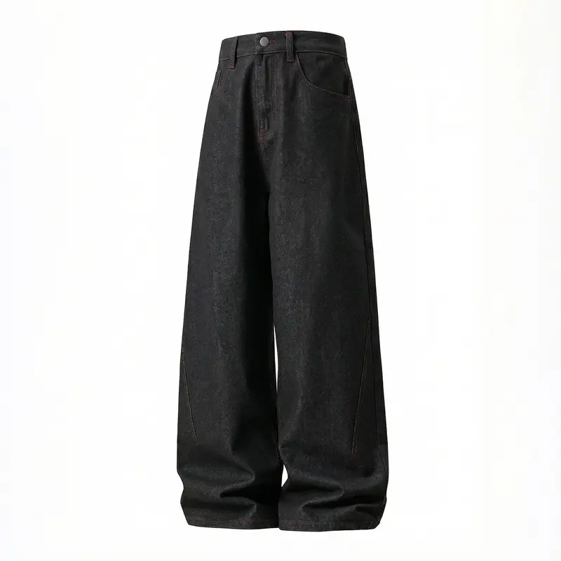 Damen Weite High-Waist Denim-Palazzohose mit tiefem Schritt und Kontrastnähten Drune