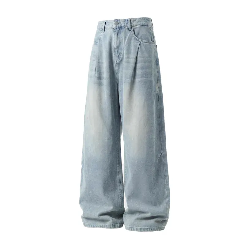 Damen Weite High-Waist Denim-Palazzohose mit vorderen Falten und lockerem Baggy-Schnitt Drune