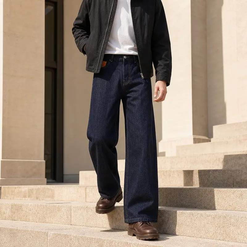 Damen Weite High-Waist Denimhose mit weitem Bein und Leder-Münztaschen-Detail Drune