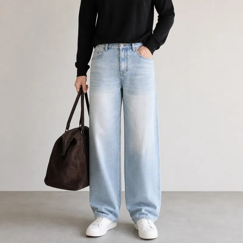 Damen Weite High-Waist-Denimhose mit weitem Bein und Vintage-Waschung Drune
