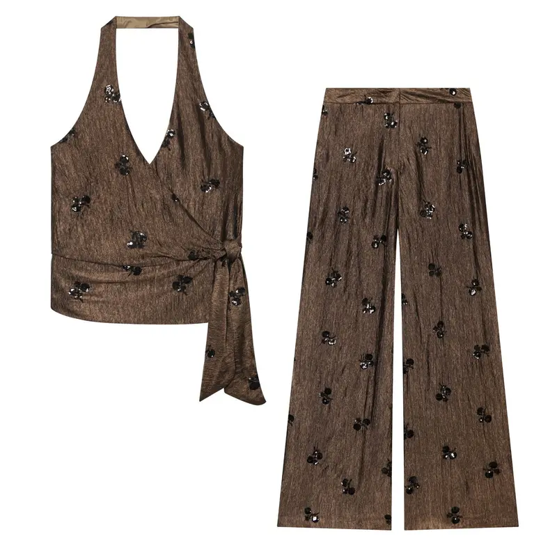 Damen Weite High‑Waist‑Hose mit Crinkle‑Effekt und Paillettenblüten Drune
