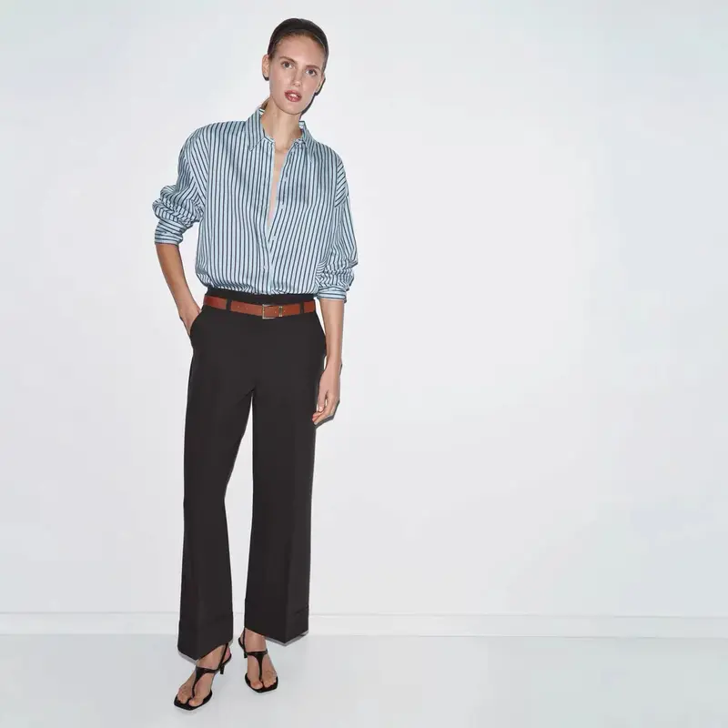 Damen Weite High‑Waist‑Hose mit Umschlagsaum, Bügelfalte und Taillengürtel Drune