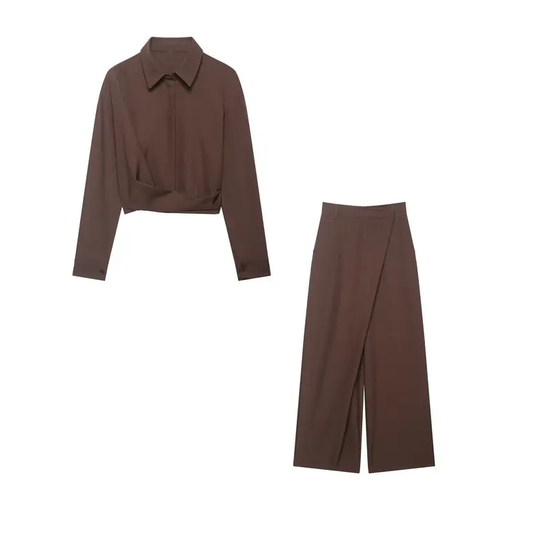 Damen Weite Highwaist Culotte‑Hose mit überlappender Wickelfront und Gürtelschlaufen Drune