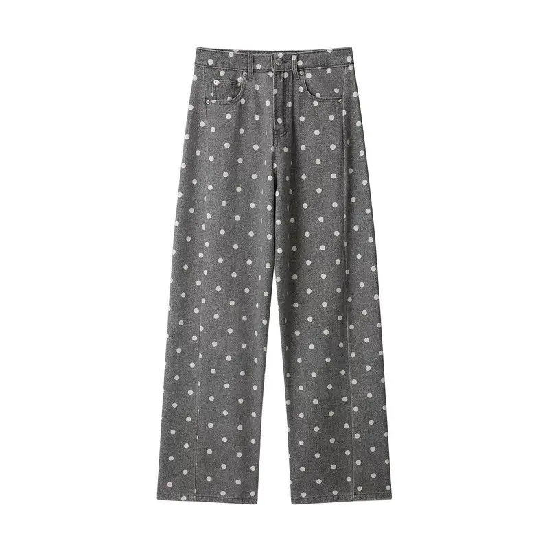 Damen Weite Highwaist Denimhose mit Polka‑Dot Print und Five‑Pocket-Design Drune