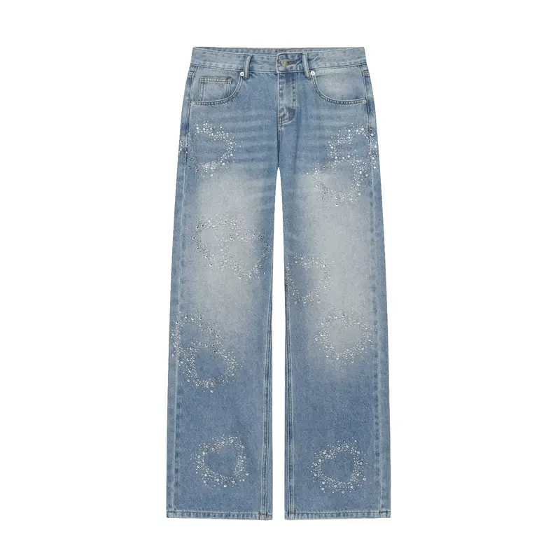 Damen Weite Highwaist-Jeans mit geradem Bein und Herz-Strassbesatz Drune
