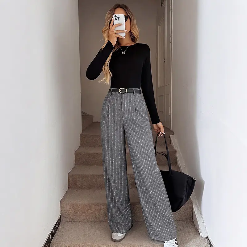 Damen Weite Hochtaillierte Hose mit feinen Streifen Drune