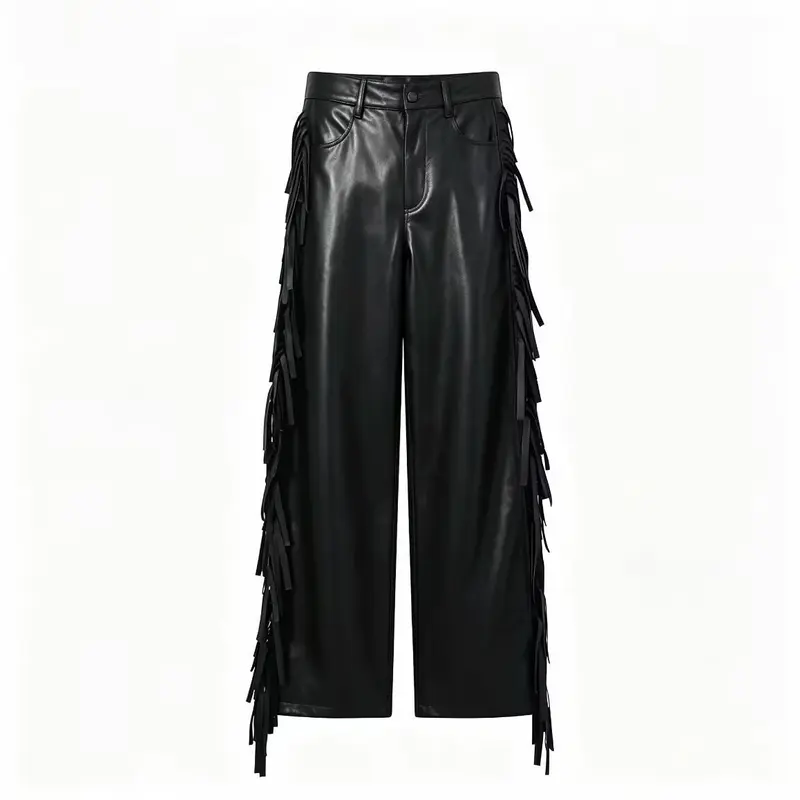 Damen Weite Kunstleder-Culotte mit seitlichen Fransen Drune