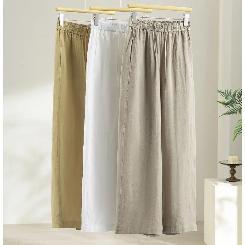 Damen Weite Leinen‑Optik Palazzohose mit elastischem Bund und fließender Silhouette Drune