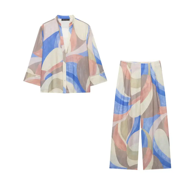Damen Weite Leinenhose mit abstraktem Aquarellprint und hoher Taille Drune