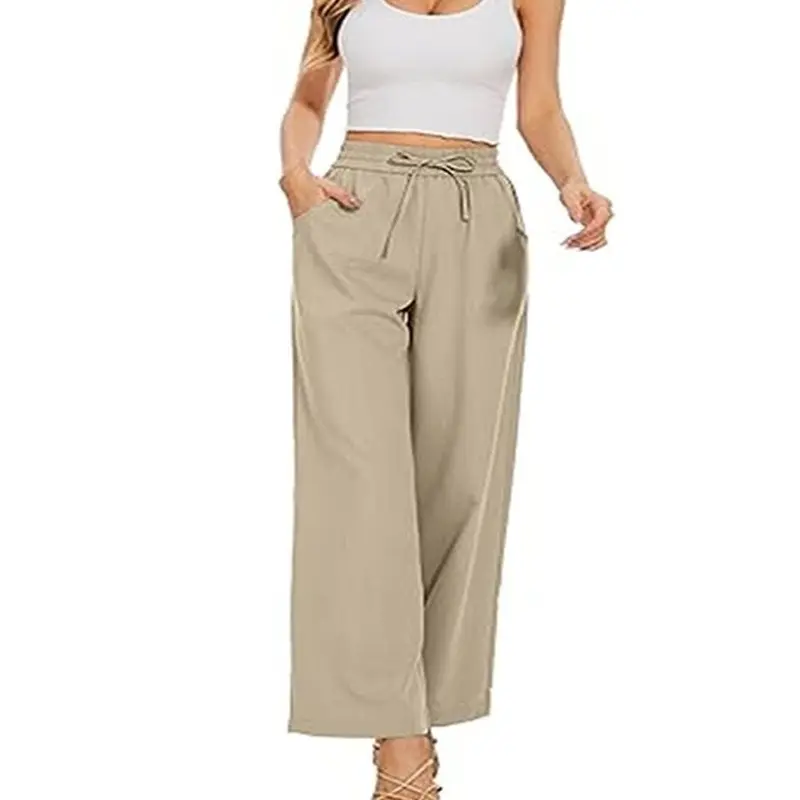 Damen Weite Leinenhose mit hohem elastischem Bund, Kordelzug und Eingrifftaschen Drune