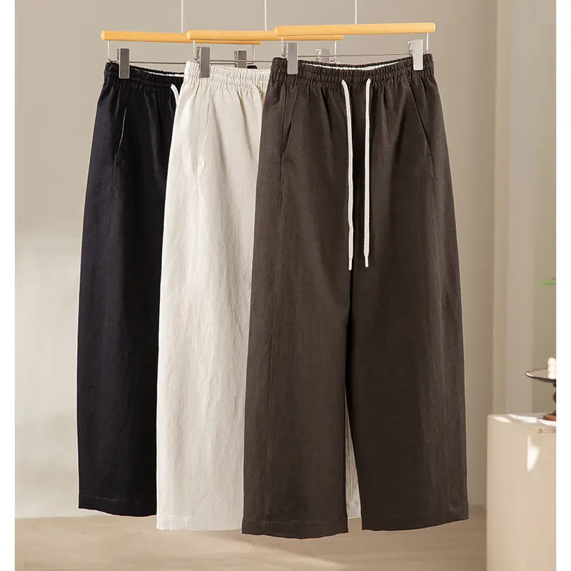 Damen Weite Leinenmix‑Hose mit elastischem Bund und Kordel Drune