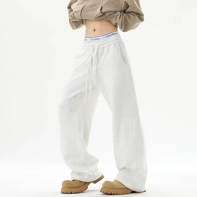 Damen Weite Loungehose mit hoher Taille aus Fleece, Tunnelzug und Seitentaschen Drune