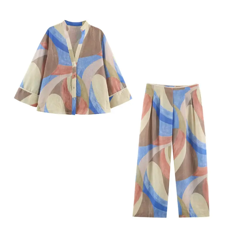 Damen Weite Palazzohose mit abstraktem Aquarellprint und elastischem Bund Drune