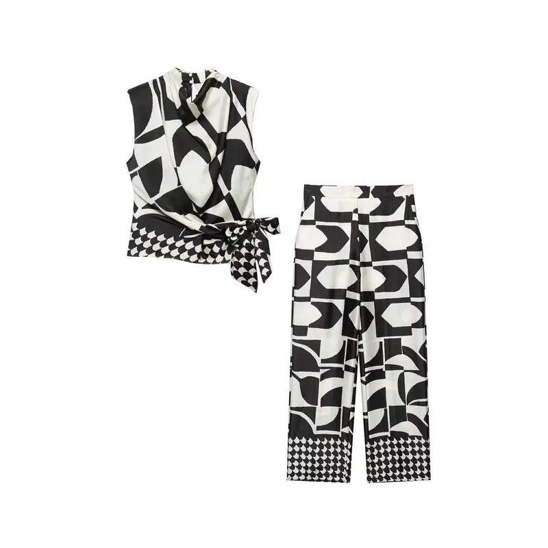 Damen Weite Palazzohose mit hoher Taille, Mittelfalte und grafischem Blockprint Drune