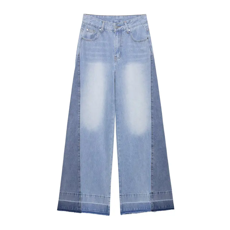 Damen weite Patchwork-Jeans mit hohem Bund, Kontrastseiten und rohem Saum Drune