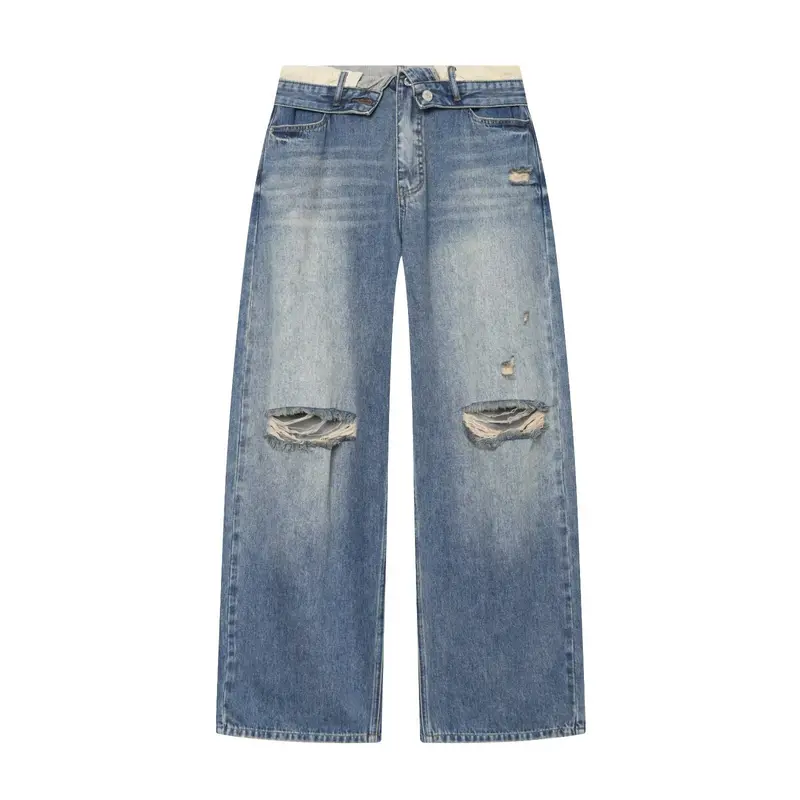 Damen Weite Ripped Denim‑Jeans mit Knie‑Löchern und hoher Leibhöhe Drune