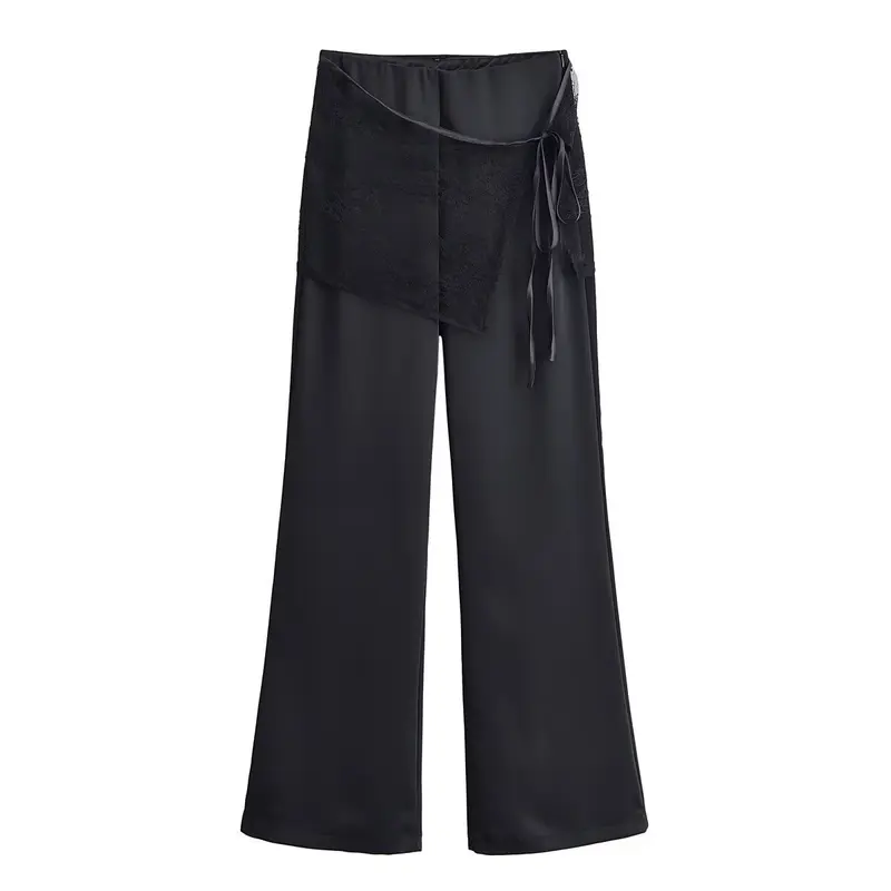Damen weite Satinhose mit Spitzen‑Überwurf und Bindegürtel Drune