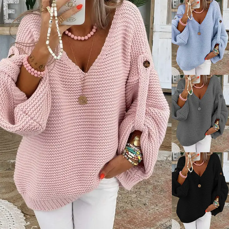 Damen weiter Strickpullover mit V-Ausschnitt, Ballonärmeln und Knopfdetail Drune