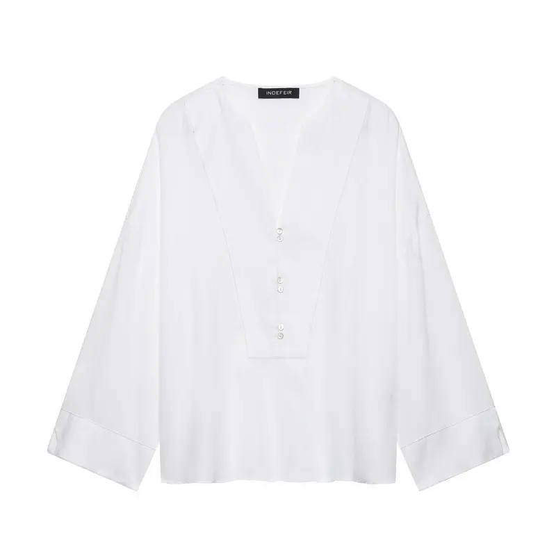 Damen Weites Tunika-Blusenshirt mit V‑Ausschnitt und halber Knopfleiste Drune