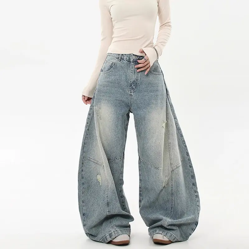 Damen Weitgeschnittene Denim-Hose mit Rissen Drune
