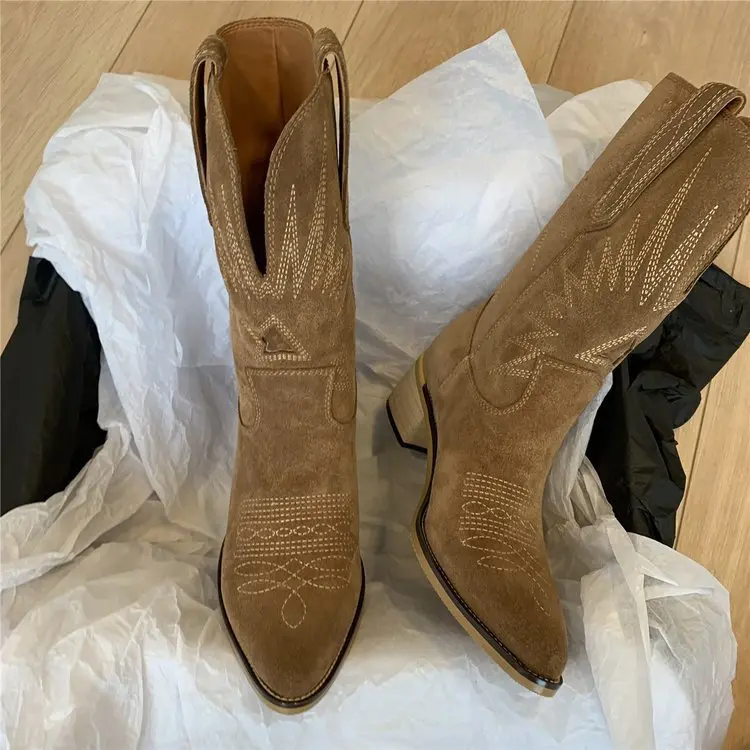 Damen Western-Cowboystiefel aus Veloursleder mit formstabilem Blockabsatz Drune