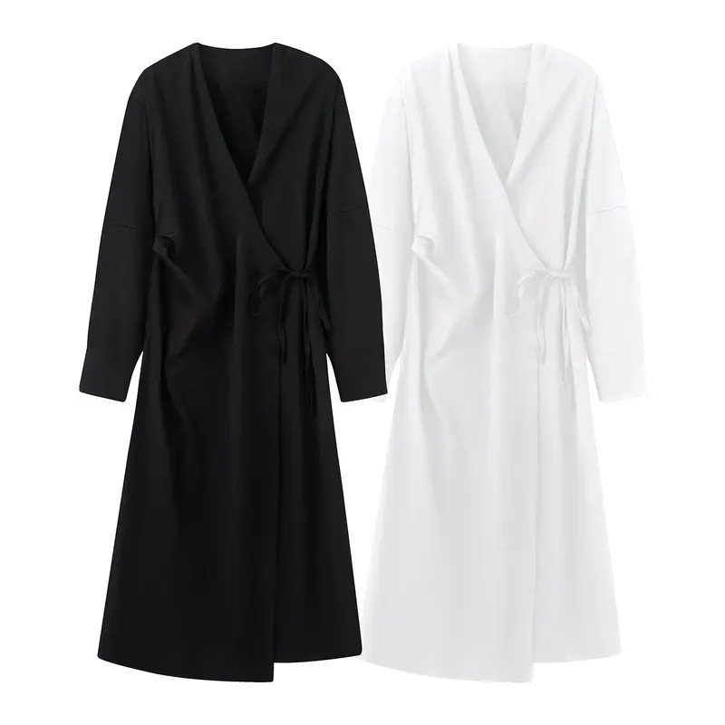 Damen Wickel‑Midikleid mit V‑Ausschnitt und Bindegürtel Drune
