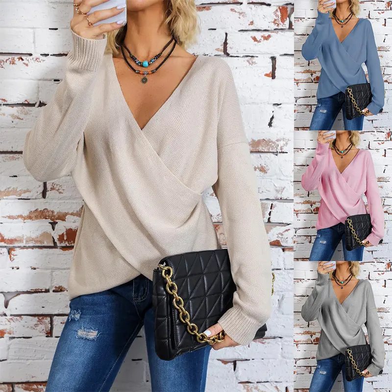 Damen Wickel-Strickpullover mit tiefem V-Ausschnitt und überschnittenen Ärmeln Drune