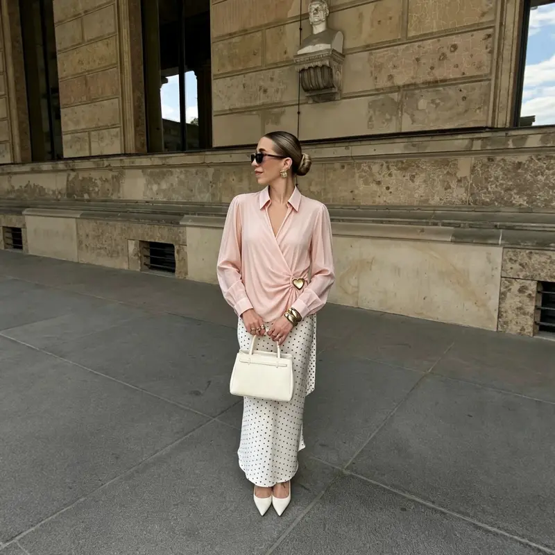 Damen Wickelbluse aus seidigem Crêpe mit Drapierung, tiefem V‑Ausschnitt und goldem Zierknopf Drune