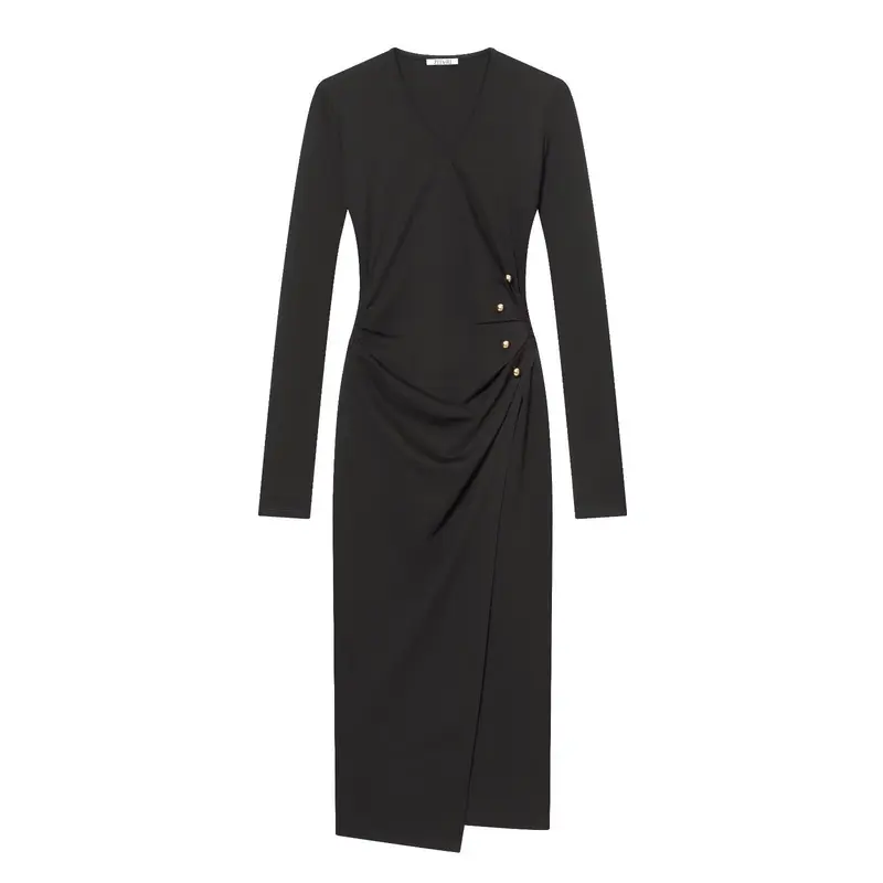 Damen Wickelkleid mit Drapierung, seitlicher Zierknopfleiste und V-Ausschnitt Drune