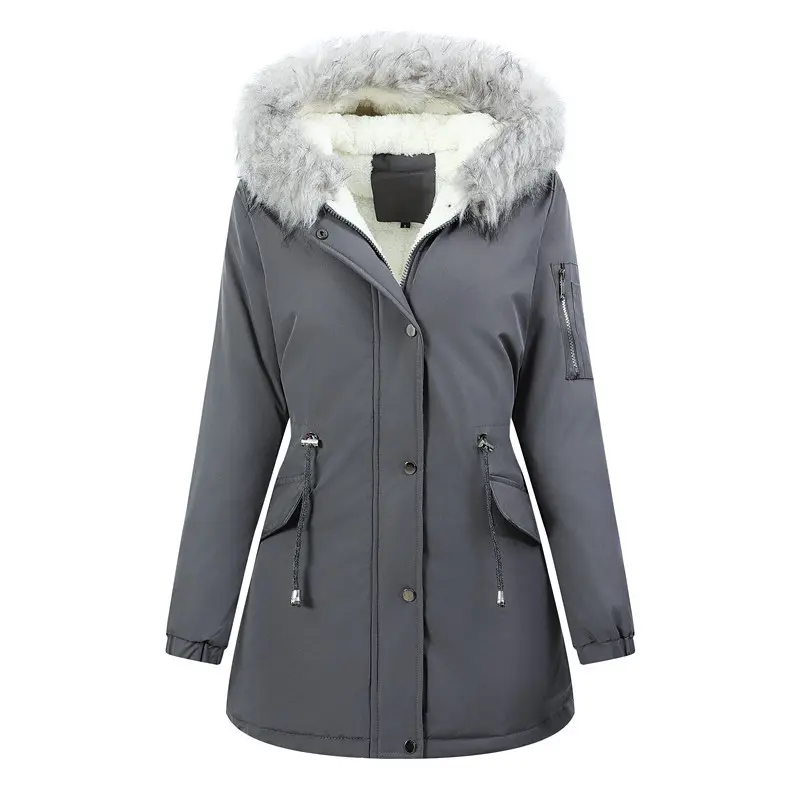 Damen Winterparka mit abnehmbarer Kunstfellkapuze und taillierender Kordelzug Drune
