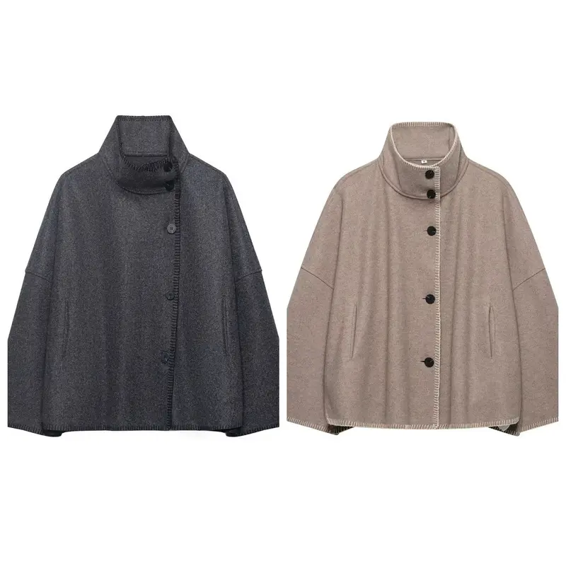 Damen Wollmix-Cape mit hohem Stehkragen, dekorativer Ziernaht und Knopfleiste Drune