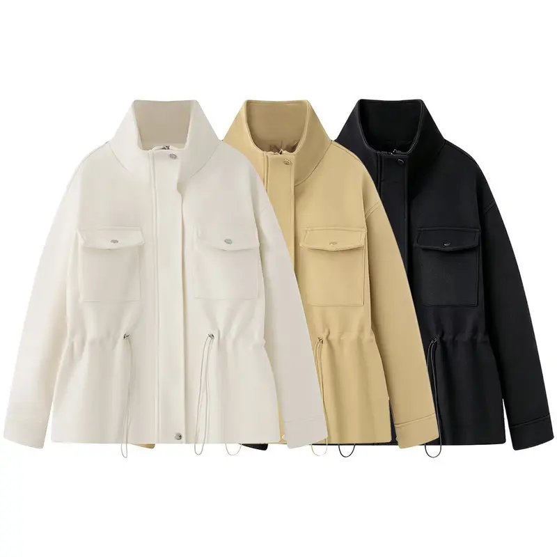 Damen Wollmix-Fieldjacke mit Stehkragen, aufgesetzten Brusttaschen und Kordelzug-Taille Drune