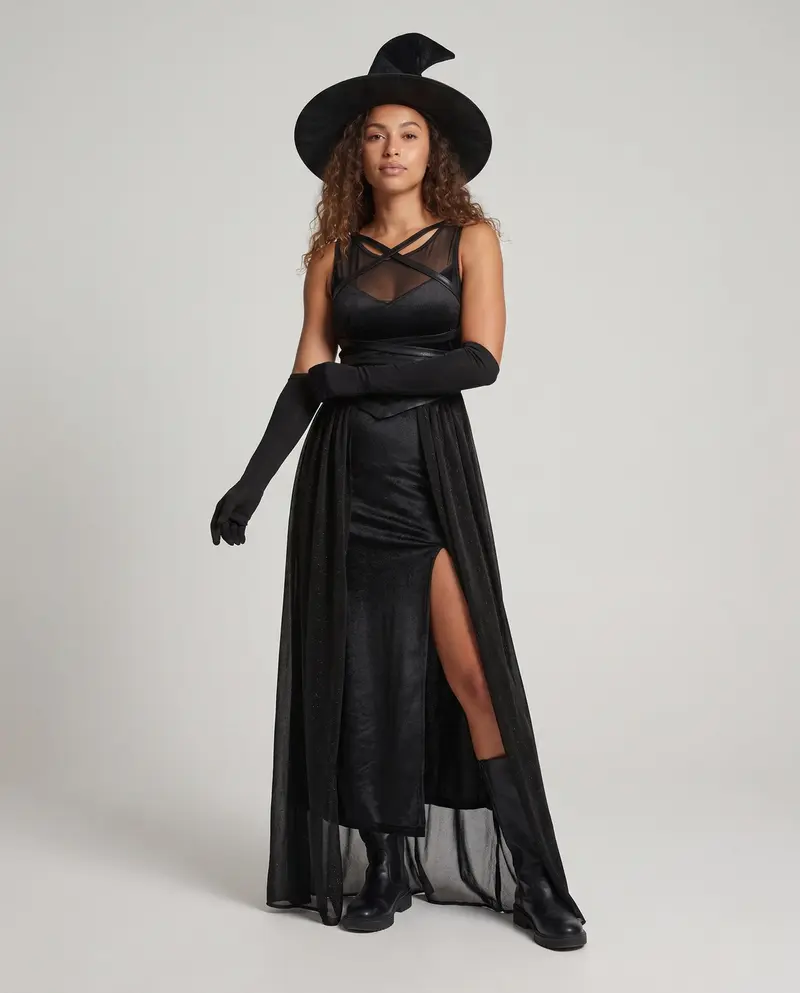 Damen Zauberhaftes Hexenkleid mit langer Schleppe Drune