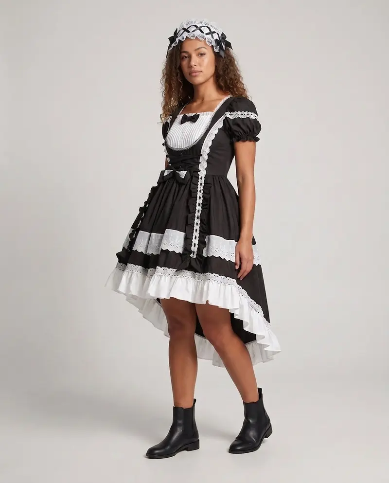 Damen Zeitloses Lolita-Kleid mit Rüschendetails und Puffärmeln Drune