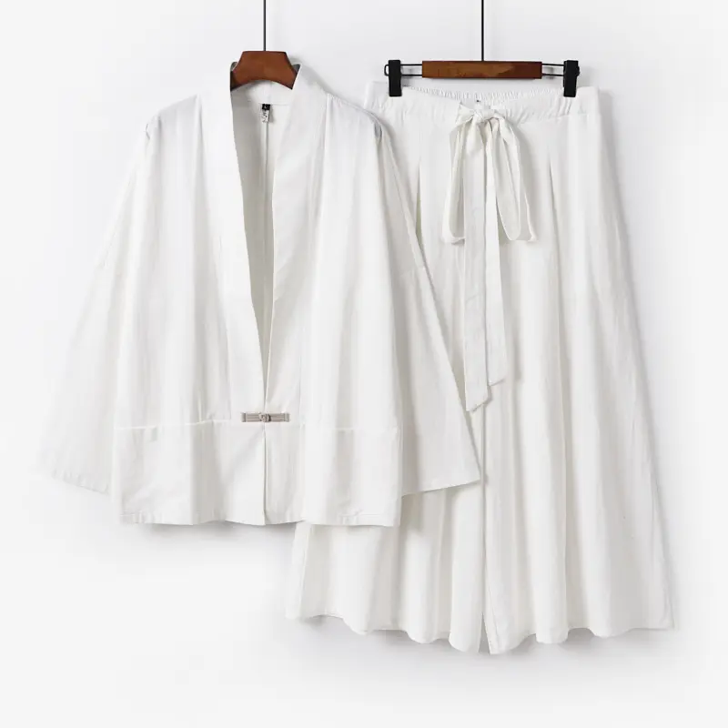 Damen Zen-inspiriertes Kimono-Set aus fließender Viskose mit kurzer Jacke und weiter Culotte-Hose Drune