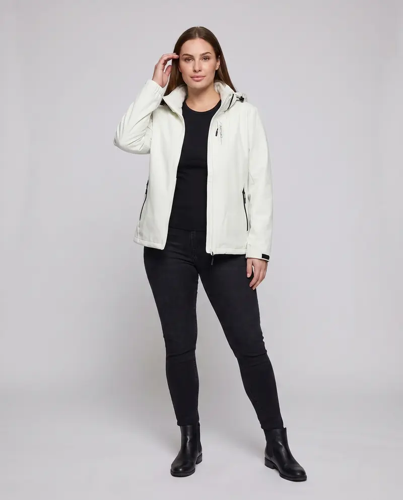 Damen Zwei-Lagen Softshell-Jacke mit abnehmbarer Fleece-Innenlage und verstellbarer Kapuze Drune