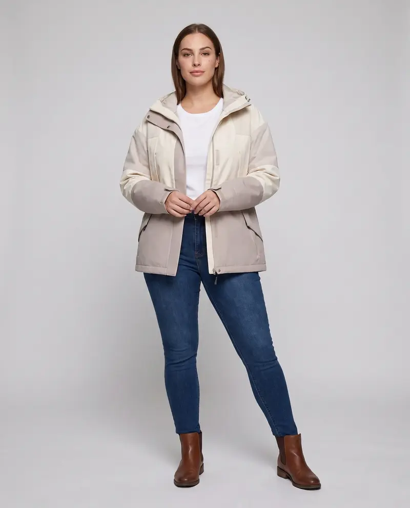 Damen zweilagige wasserdichte Outdoor-Regenjacke mit hohem Stehkragen und verstellbarer Kapuze Drune