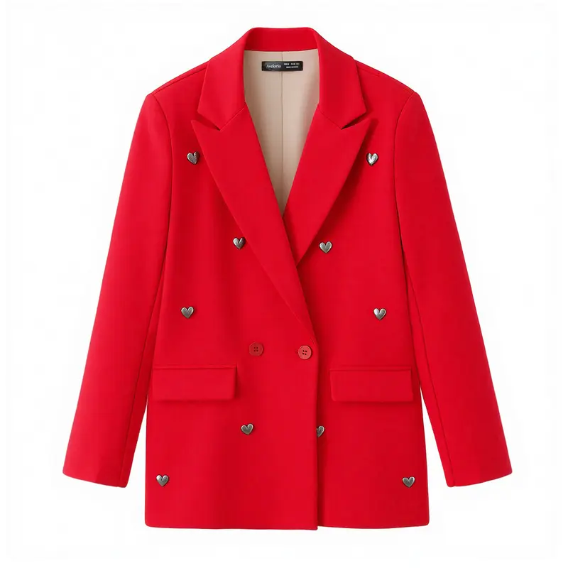 Damen Zweireihiger Blazer mit Herz‑Metalldetails und Pattentaschen Drune