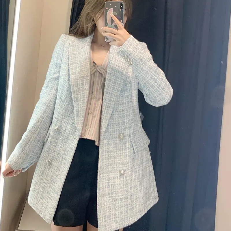 Damen Zweireihiger Bouclé-Blazer mit taillierter Silhouette und Pattentaschen Drune
