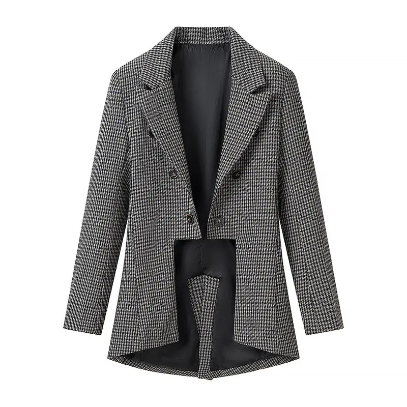 Damen Zweireihiger Hahnentritt-Blazer mit asymmetrischem Schwalbenschwanz-Saum Drune