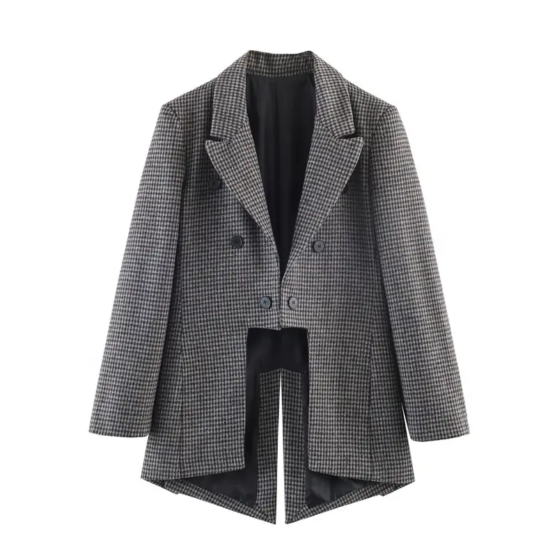 Damen Zweireihiger Hahnentritt-Blazer mit offenem Schlitz-Saum und taillierter Silhouette Drune