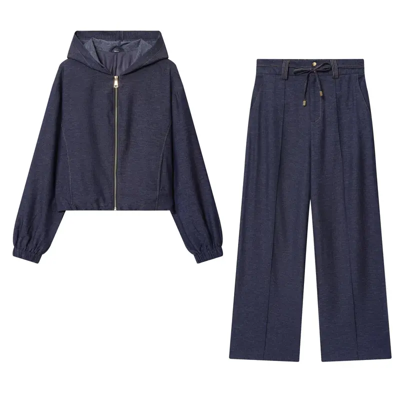 Damen Zweiteiler aus Denim‑Jersey Kapuzenjacke mit Reißverschluss und weiter Bundfaltenhose Drune