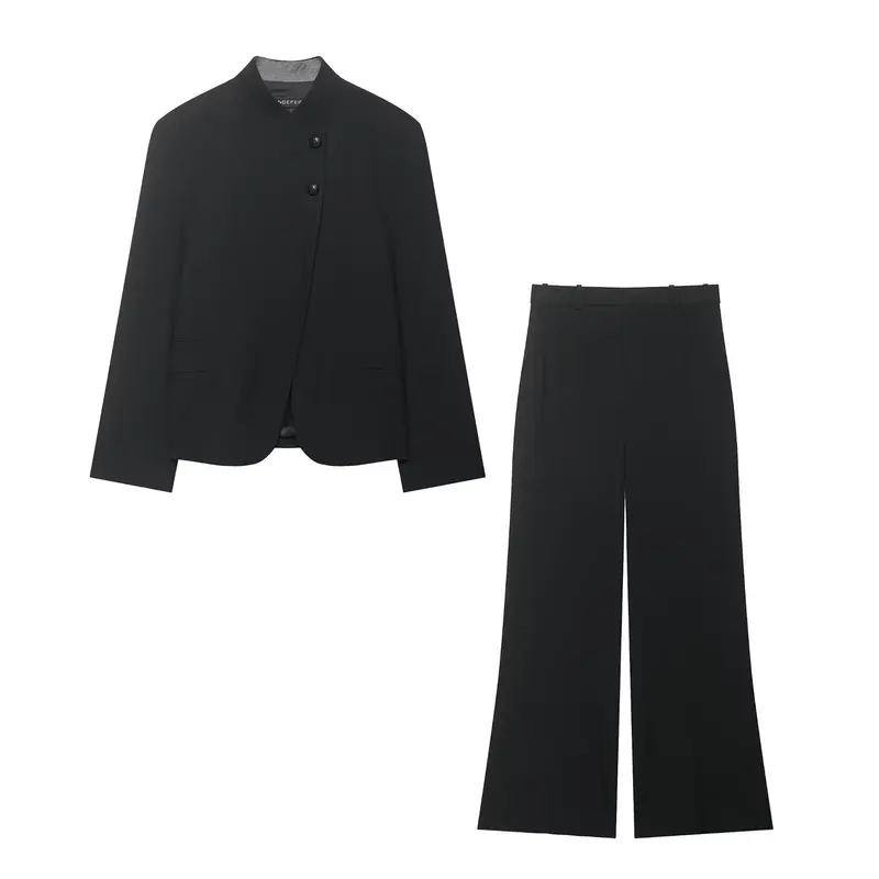 Damen Zweiteiliges Anzugs-Set mit Kurzblazer im Mandarinkragen und Highwaist-Weitbein-Hose Drune