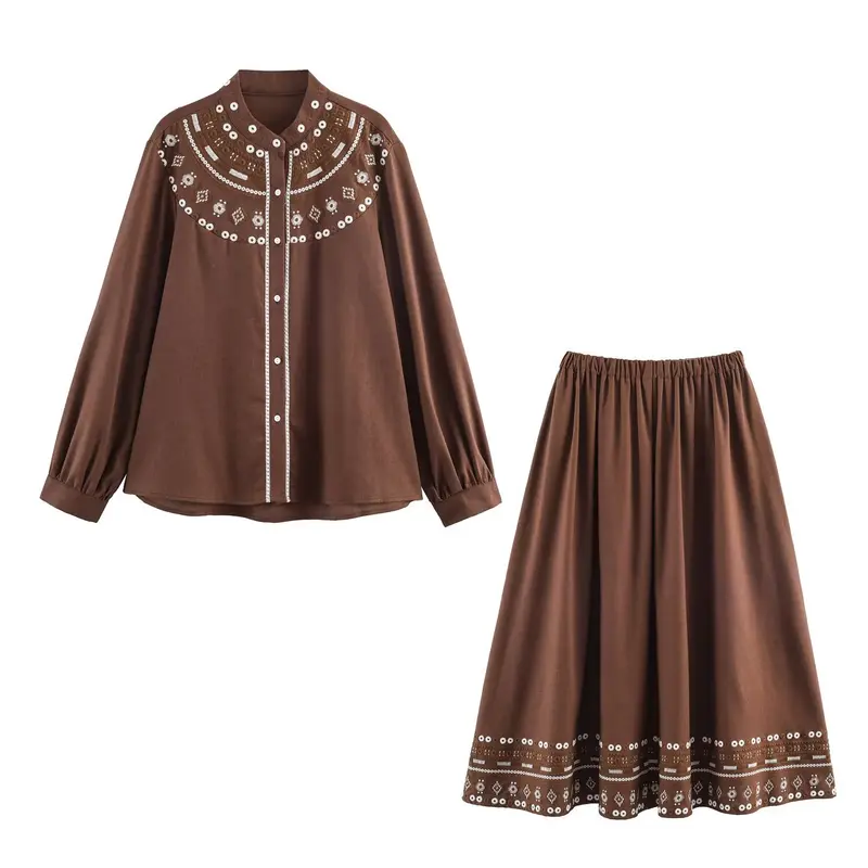Damen zweiteiliges Blusen- und Midirock-Set mit besticktem Yoke und Pailletten Drune