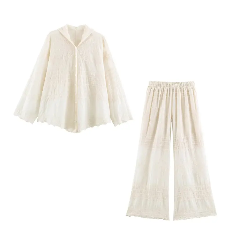 Damen Zweiteiliges Boho-Spitzen-Set mit bestickter Kapuzenbluse und weiter Plissee-Hose Drune