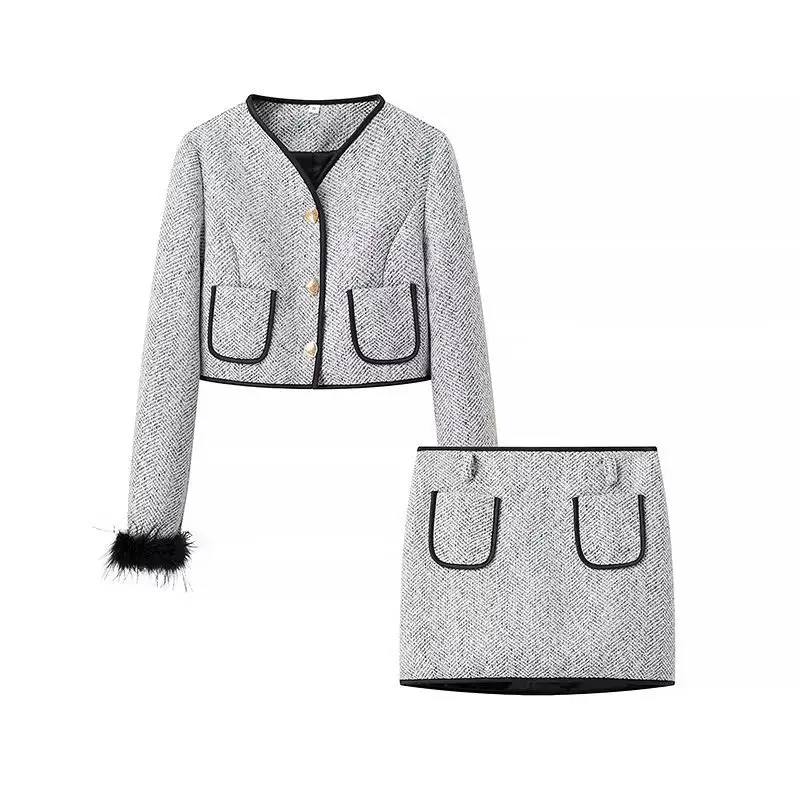 Damen Zweiteiliges Bouclé‑Tweed‑Set mit kurzem Blazer, Zierknöpfen und Minirock Drune