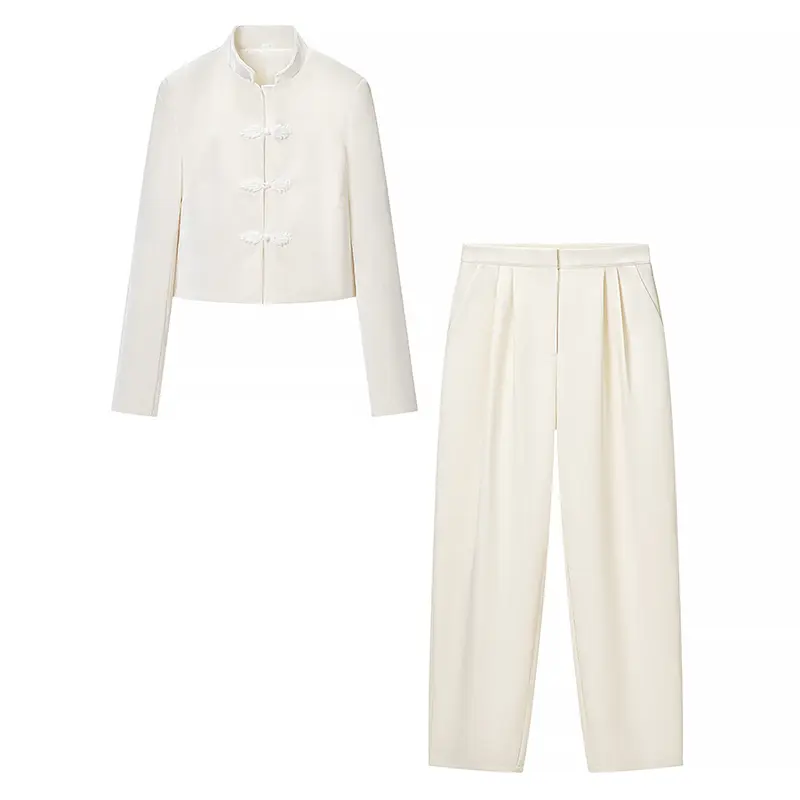 Damen Zweiteiliges Ensemble aus Kurzjacke mit Stehkragen und Froschverschlüssen und hochtaillierter Plissee-Hose Drune