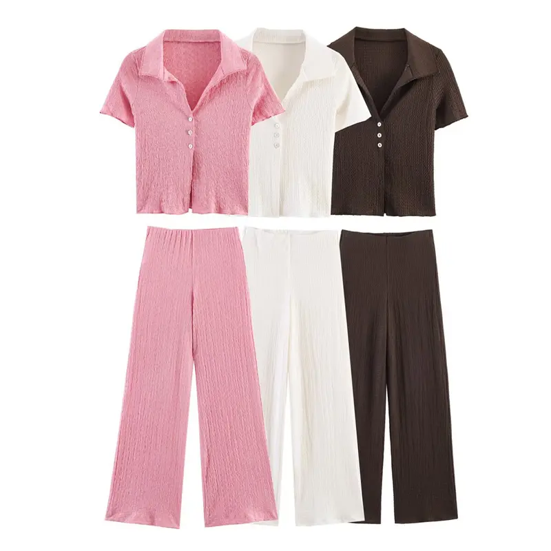 Damen Zweiteiliges Feinstrick-Set mit Kurzarm-Polokragen-Top und High‑Waist Weitbein‑Hose Drune