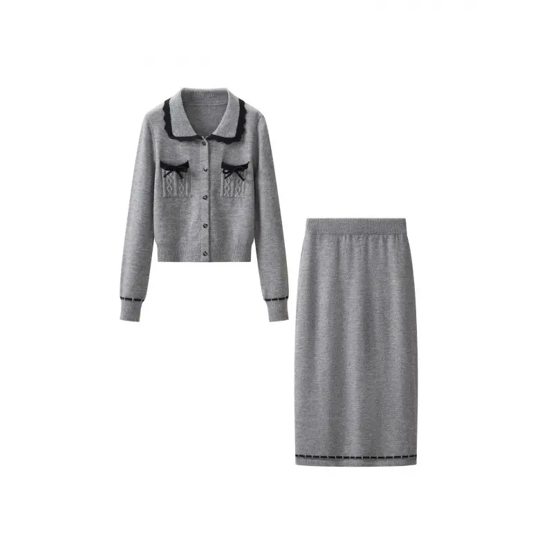 Damen Zweiteiliges Feinstrick‑Set mit kurzgeschnittenem Rüschen‑Cardigan und High‑Waist Bleistiftrock Drune